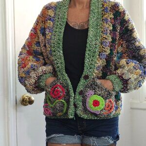 S/M/L Funky Crochet Sweater, Granny Square, Hexi Cardi